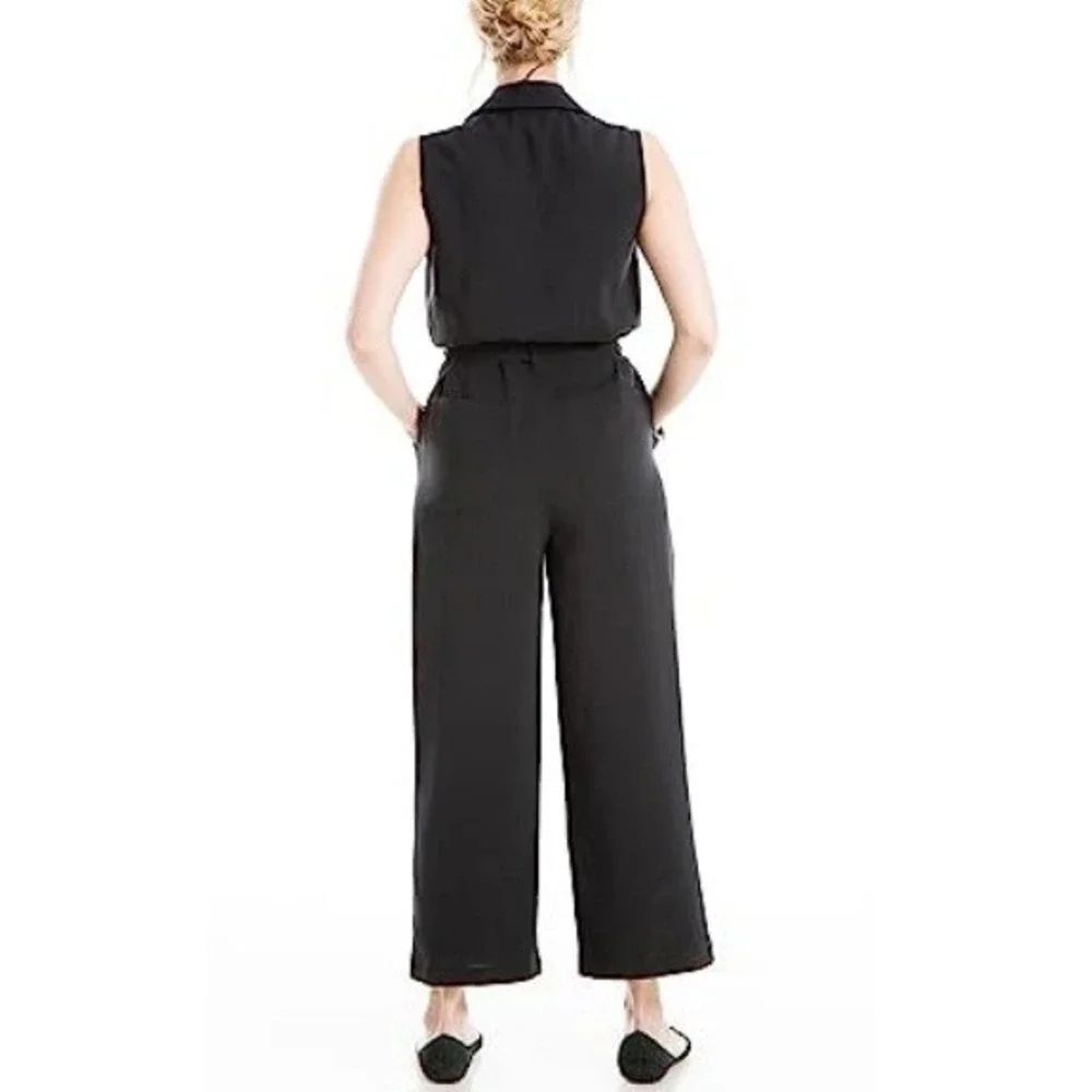 Max Studio Women's Black‎ Sleeveless With Waist Tie Collared Jumpsuit Size S